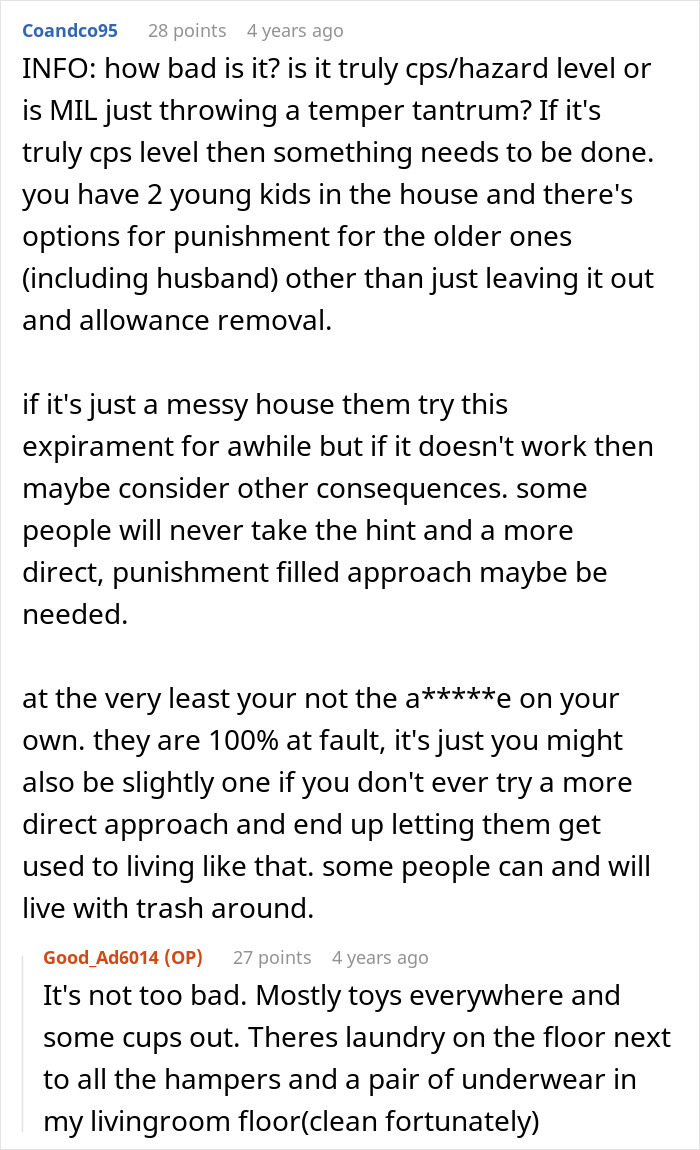 Online discussion about mother lets family live in filth, debating if it&rsquo;s a lesson or a serious hazard situation.