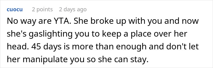 Comment discussing a breakup where a guy asks his ex to move out and she threatens to drop out of school. - 32