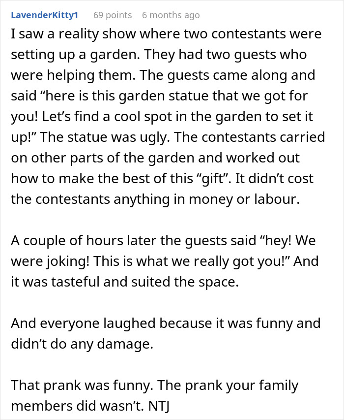 Text excerpt discussing a prank involving a fake legal notice on a woman who then cuts contact with family members. Text excerpt discussing a prank involving a fake legal notice on a woman who then cuts contact with family members.