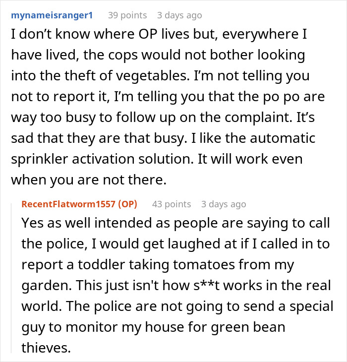 Screenshot of online discussion where user rants about neighbor&rsquo;s farm stand causing theft and police won&rsquo;t intervene.