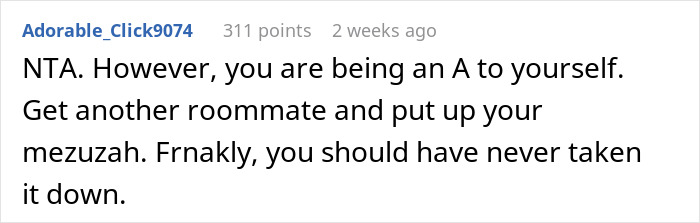 Screenshot of an online comment discussing a roommate&rsquo;s Jewish traditions triggering OCD and urging to put up the mezuzah.