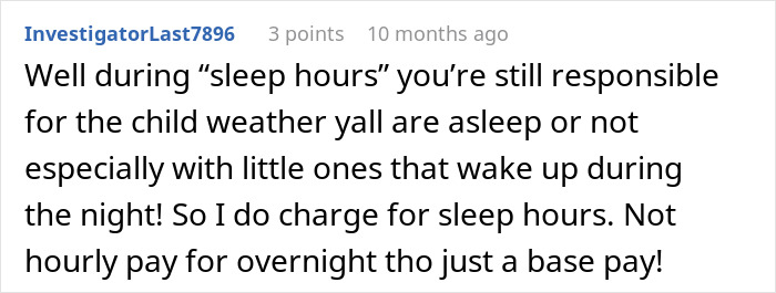 Comment about nanny work during sleep hours, emphasizing responsibility and charging for sleep hours with base overnight pay only. - 33