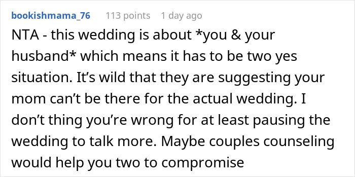 Screenshot of a Reddit comment discussing a call off wedding and a weird family tradition affecting the couple&rsquo;s decision.