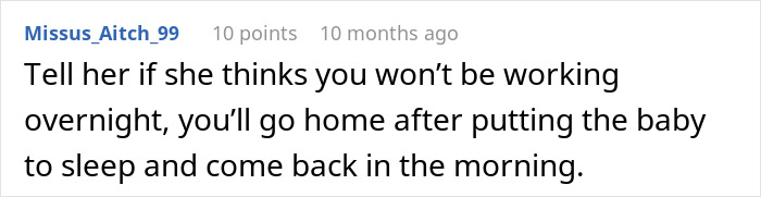 Comment from an online forum discussing a nanny working overnight and concerns about pay for hours worked. - 19