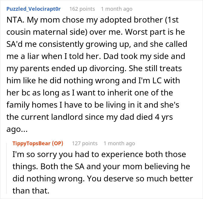 Screenshot of a Reddit conversation about parents treating bio son like trash while favoring adopted kids and lack of genuine apology. - 27