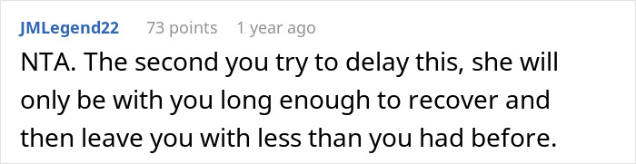 Comment on Reddit about wife leaving for affair partner, losing lover in crash, and wanting ex to delay divorce. - 27