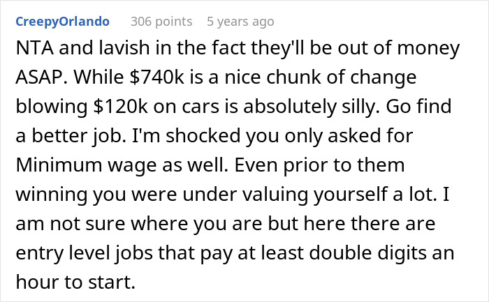 Comment discussing upset person and friend not paying more after lottery win, highlighting babysitting and payment issues. - 20