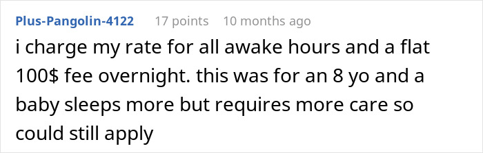 Text excerpt about nanny discussing rates for overnight work, highlighting pay offered for fewer hours than worked. - 18