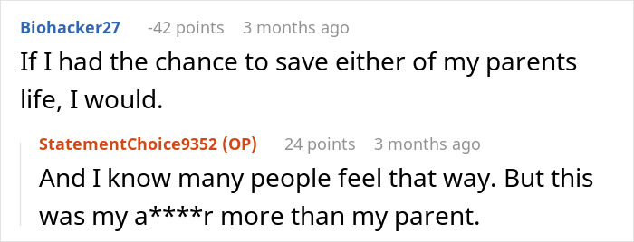 Screenshot of a Reddit conversation about a man refusing to donate an organ to his abusive father.