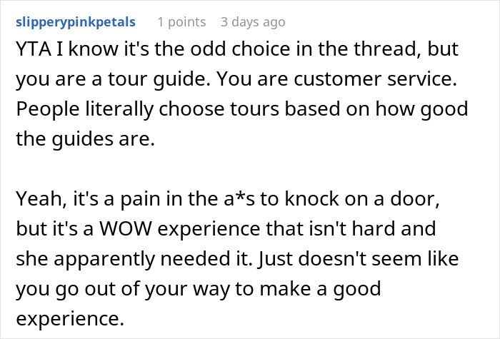 Comment from user emphasizing the role of tour guide in customer service for tourist oversleeping and blaming guide. - 41