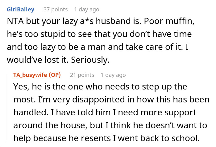 Screenshot of online discussion about a student working mom facing family complaints and lack of support from her husband.