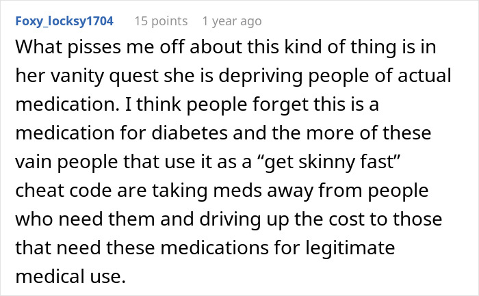 User comment expressing frustration about loved ones taking Ozempic, impacting access and cost for diabetes patients.