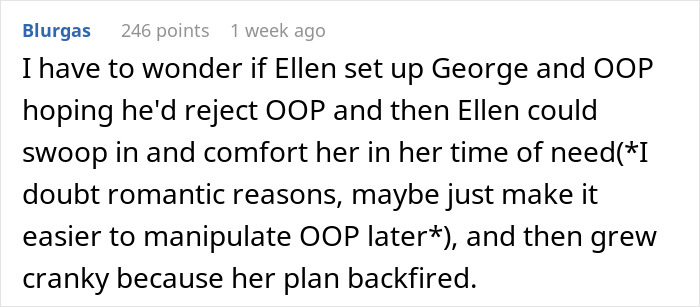 Comment discussing a potential best friend sabotage in a relationship, suggesting manipulation and emotional tactics.