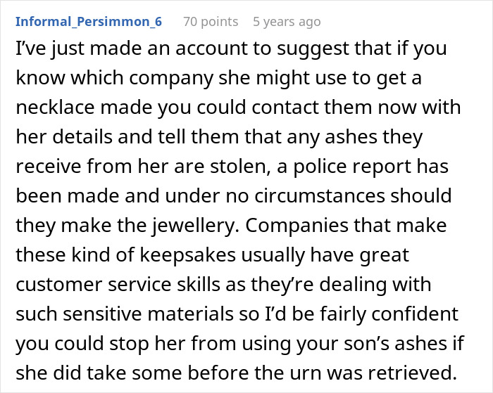 Comment suggesting contacting necklace company to prevent use of stolen grandson&rsquo;s ashes, highlighting entitled grandma family drama.