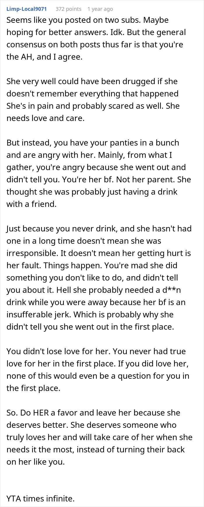 Commenter discusses man’s reaction to fiancée getting drunk and injured, highlighting breakup planning and relationship issues. - 18