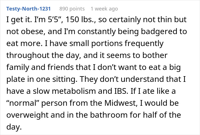 ALT text: Reddit post about a woman explaining slow metabolism and IBS while being nagged to eat more by others