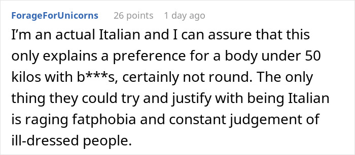 Screenshot of a Reddit comment discussing body preferences and fatphobia, related to inlaws day ruined genetic heritage information. - 31