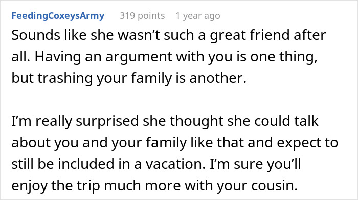 Comment about gold digger holiday friend drama, discussing friendship issues and family conflicts during vacation plans. - 18
