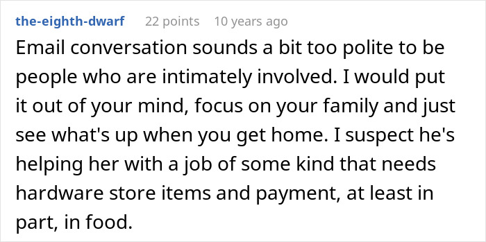 Comment discussing suspicion about best friend seeing girlfriend with another man based on email conversation tone.