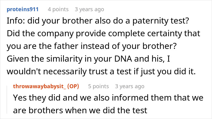 Commenters discuss paternity test reliability and family drama around bio dad refusing to babysit.