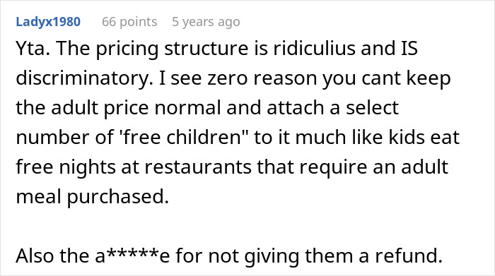 Screenshot of a negative online comment criticizing a tour company after turning away a childfree couple from a family tour. - 39