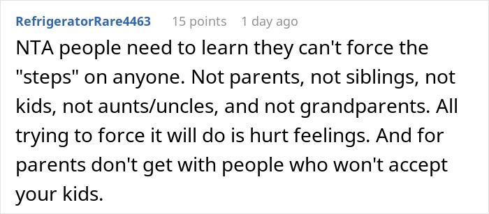 Comment about not forcing relationships between ex-husband’s new wife and family, celebrating zero regret for it. - 47