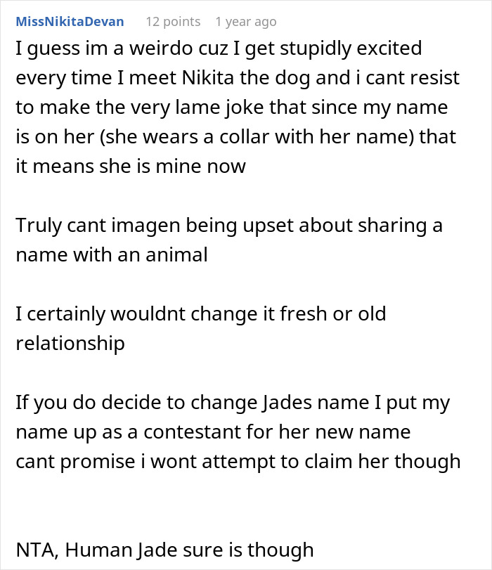Commenter discusses partner refusing to rename cat, sharing opinions on name sharing and relationships. - 33