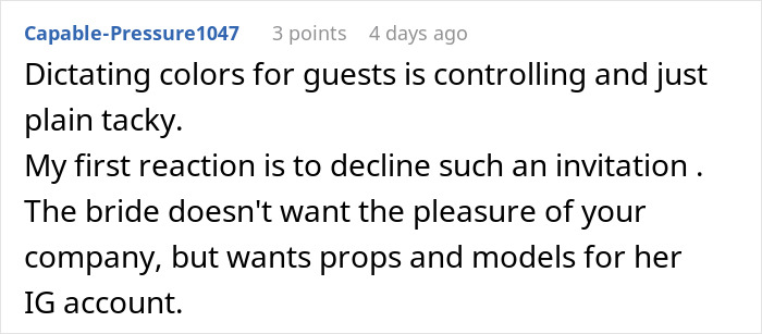 Comment criticizing bride for controlling guests' outfit colors, highlighting issues with wearing neutrals and color expectations.