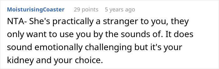 Text comment discussing an estranged mom reaching out to son after 14 years with emotional and kidney-related concerns. - 31