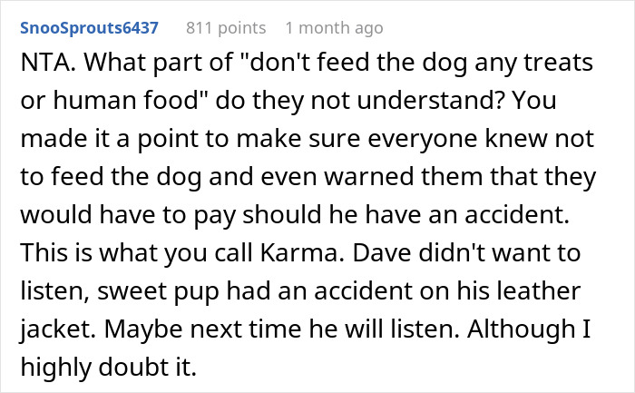 Screenshot of a Reddit comment discussing a woman refusing to replace nephew&rsquo;s jacket ruined by dog&rsquo;s accident.