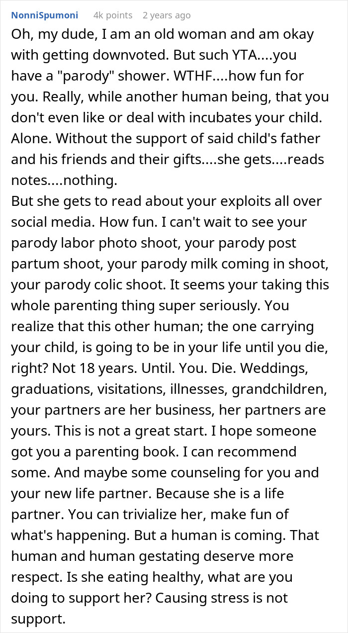 Screenshot of a social media comment criticizing a man’s baby shower with friends, sparking anger from his pregnant ex. - 14