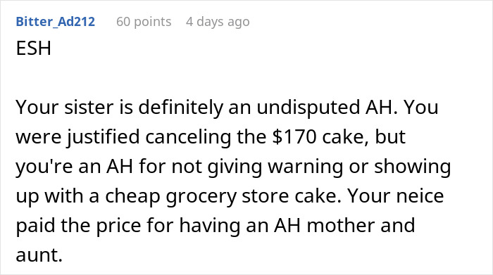 Screenshot of a forum comment discussing drama over cake payment involving sister, aunt with no kids, and party cancellation. - 20