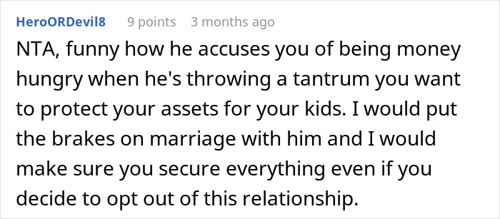 Reddit comment discussing prenup and asset protection after woman secures 7-figure insurance in relationship dispute.