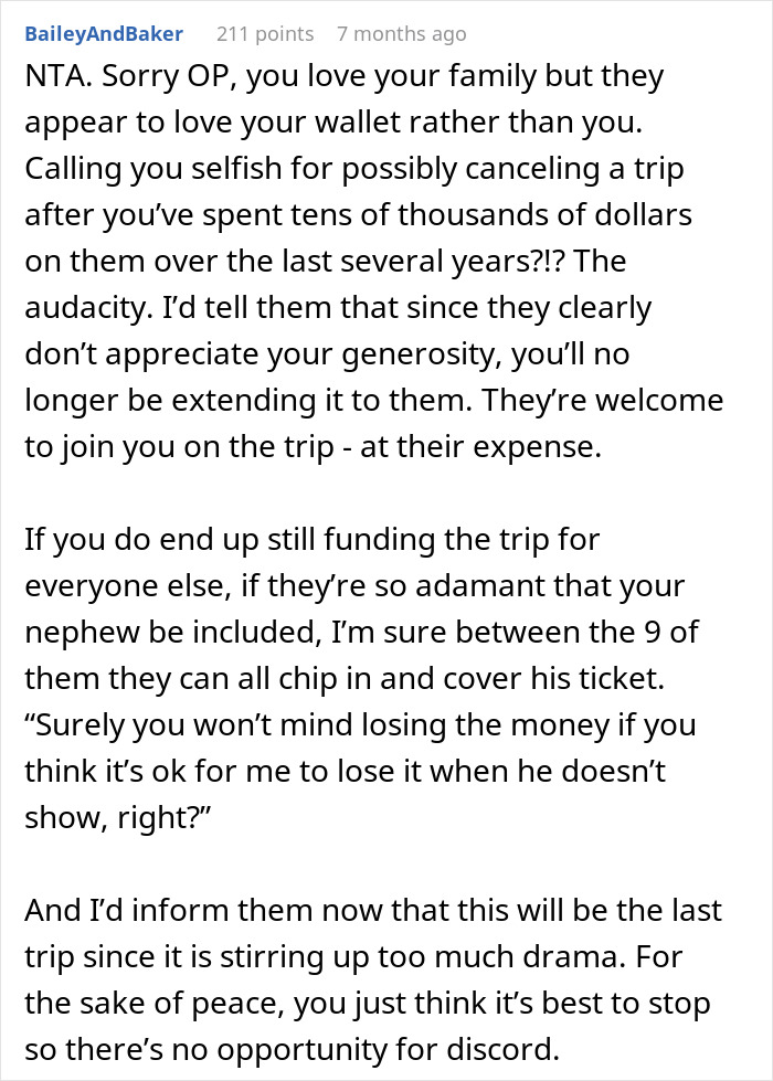 Reddit comment discussing backlash over not inviting nephew on vacay after he bailed on multiple trips previously.