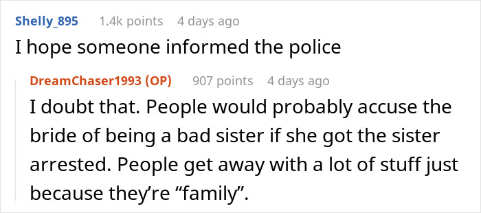 Screenshot of an online discussion about a bride-sister stealing money caught on camera and exposed by family members.