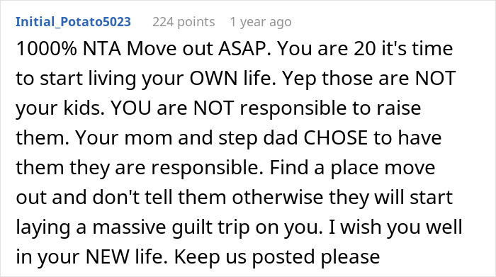 Reddit comment advising a 20-year-old to move out and stop taking responsibility for half-siblings care.