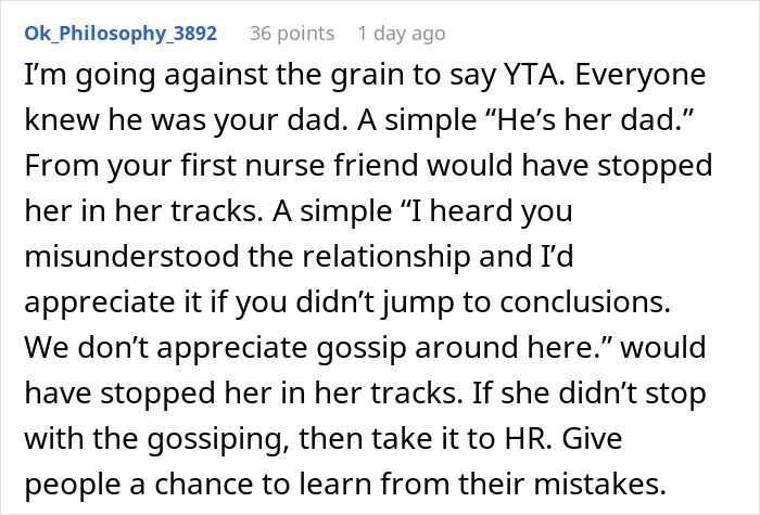 Commenter responding with advice about handling misunderstandings and gossip in a nursing workplace setting. Commenter responding with advice about handling misunderstandings and gossip in a nursing workplace setting.