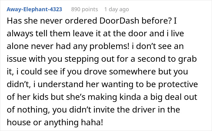 Comment discussing experiences with DoorDash delivery while babysitting and addressing overreaction concerns. Comment discussing experiences with DoorDash delivery while babysitting and addressing overreaction concerns.