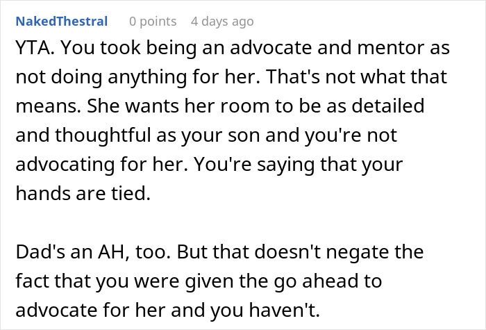 Screenshot of an online comment discussing a mom putting more effort into her son’s room than her step-daughter’s. - 37