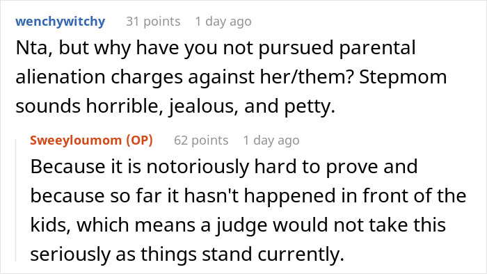 Reddit user discusses stepmom issues and parental alienation, reflecting on ex-husband’s new wife failure with no regret. - 36