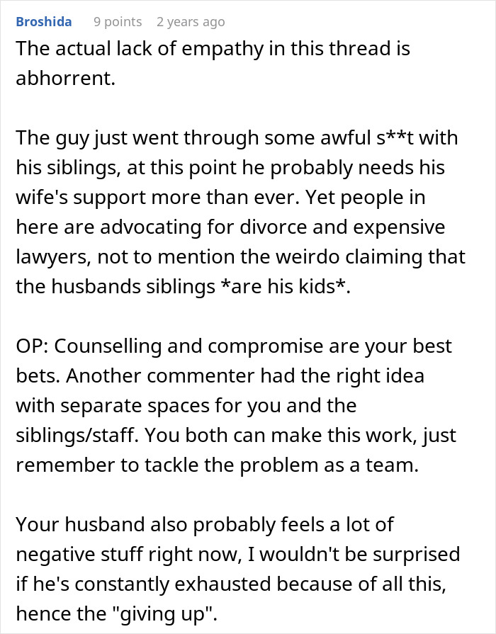 Online discussion about husband&rsquo;s sudden decision to move in his disabled siblings causing marriage strain and need for compromise.