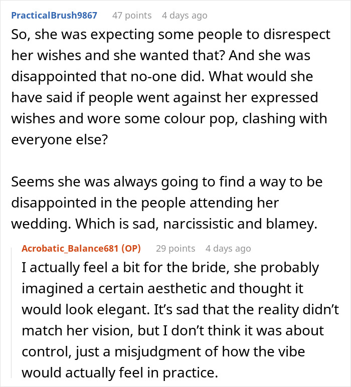 Reddit comments discussing the bride told us to wear neutrals and her disappointment about guests wearing no color.