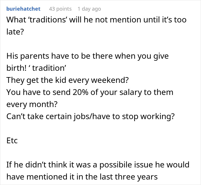 Reddit user discussing weird family tradition concerns linked to call off wedding decisions and relationship issues.