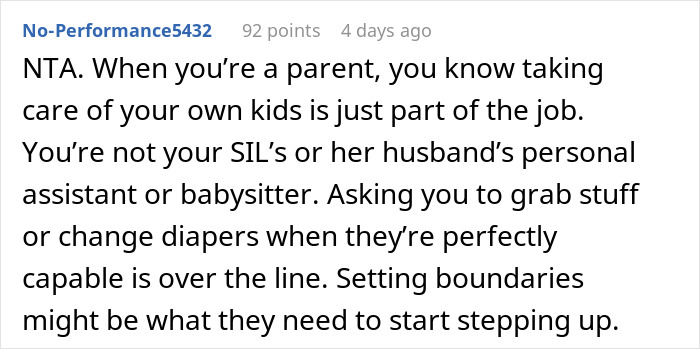 Text comment discussing a parent setting boundaries with SIL and BIL regarding childcare responsibilities and babysitting.