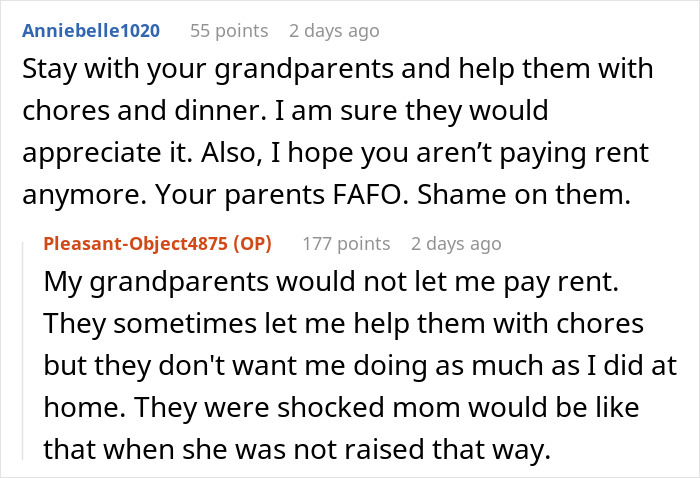 Screenshot of a Reddit conversation about an 18-year-old leaving toxic parents and living with grandparents. Screenshot of a Reddit conversation about an 18-year-old leaving toxic parents and living with grandparents.