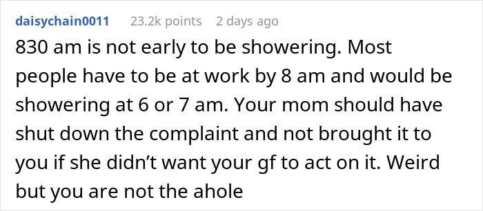Comment discussing confusion over girlfriend's morning visits causing drama with mom in a text post. Comment discussing confusion over girlfriend's morning visits causing drama with mom in a text post.