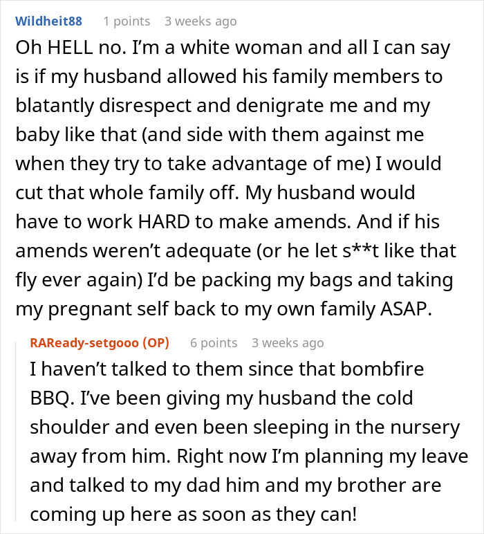 Comments discussing family conflict and racist behavior after a pregnant woman refuses to babysit niblings.