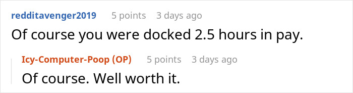 Reddit conversation highlighting frustration about the same penalty for being minutes late as for being hours late at work.