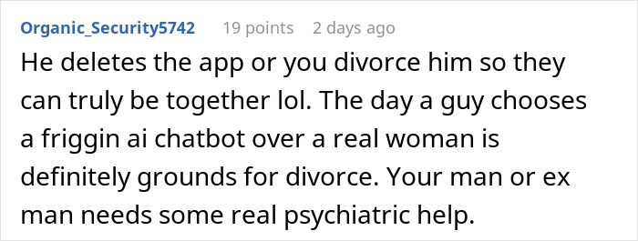 Comment discussing a husband falling in love with an AI girlfriend, questioning marriage and divorce. Comment discussing a husband falling in love with an AI girlfriend, questioning marriage and divorce.