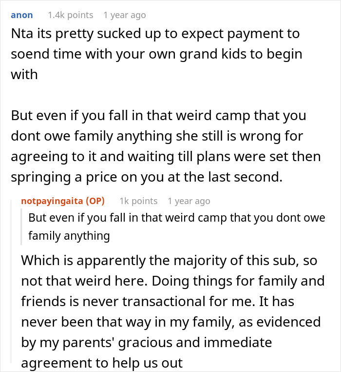 Reddit conversation about refusing to pay MIL for babysitting toddler and family expectations on payment and support.